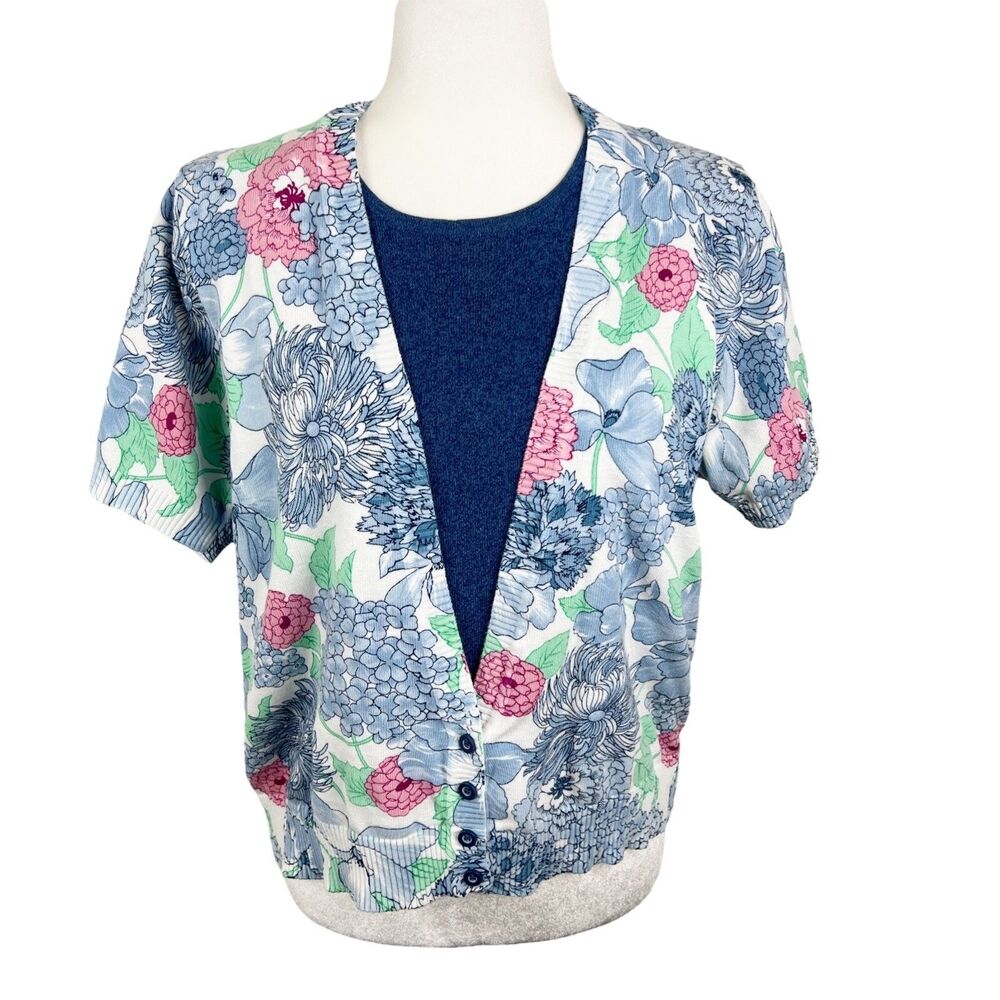 Vintage Eccobay Sweater Women Large Blue Knit Floral Built In Tank Short Sleeve